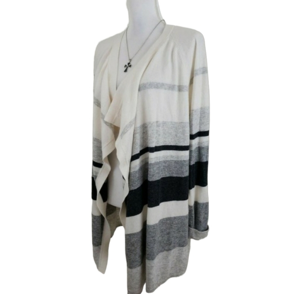 LOFT ~Woman Size L~ White/Gray Striped Waterfall Open Front Cardigan Wool Blend. - Picture 10 of 11